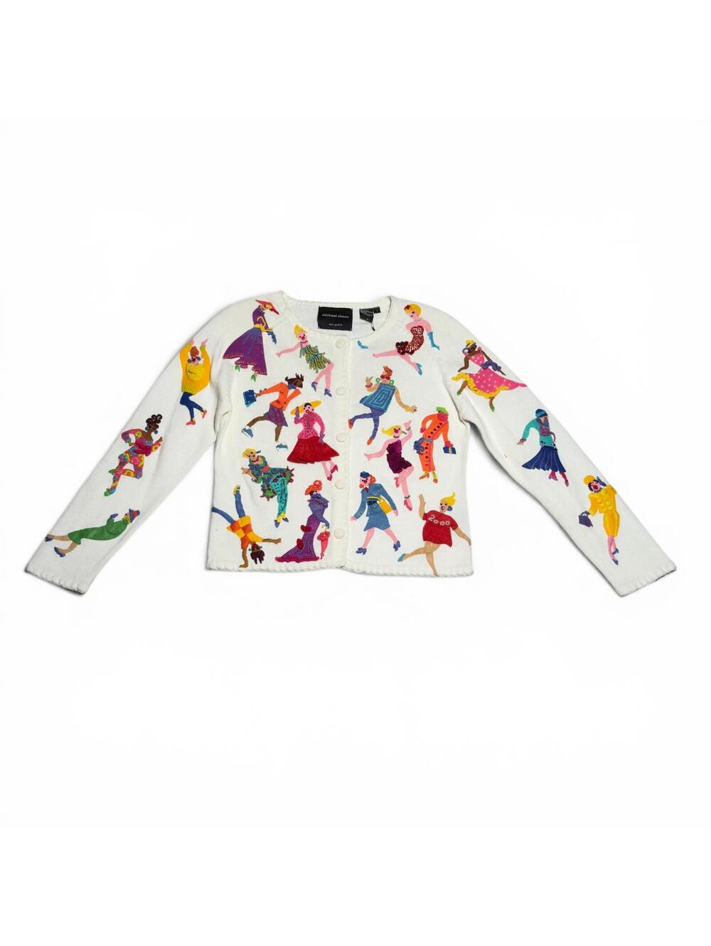 Vintage Michael Simon Embroidered Fashionable Dancing Figures Cardigan S